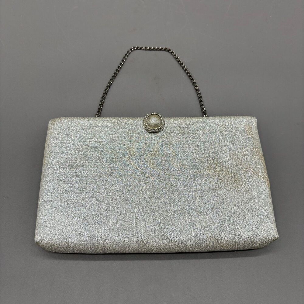 Vintage After Five Silver Metallic Evening Clutch Purse Chain Strap Made USA